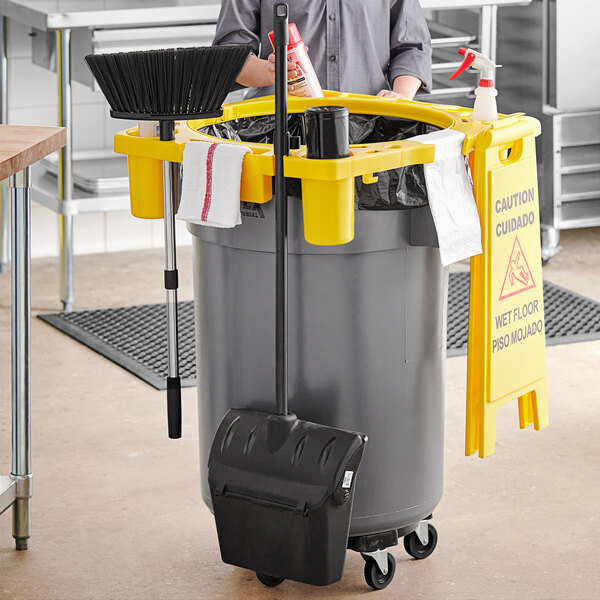 Lavex 44 Gallon Gray Round Commercial Trash Can Kit with Yellow Rim