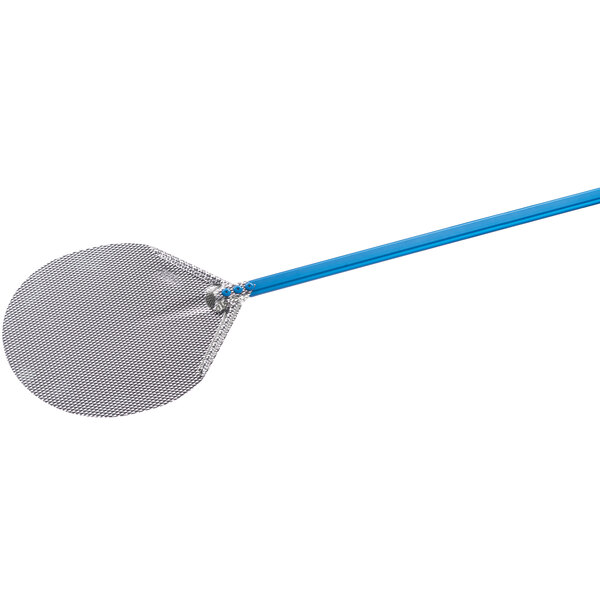 A stainless steel round pizza peel with a blue handle.