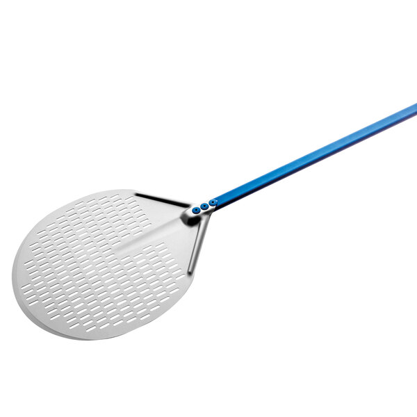 A silver and blue pizza peel with a long blue handle.