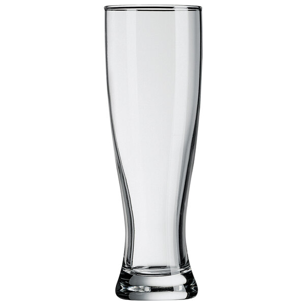 An Arcoroc Grand Pilsner glass with a clear bottom.