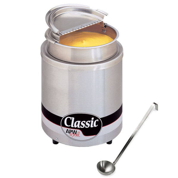 A metal countertop soup warmer with a hinged lid and ladle.