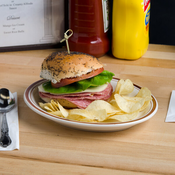 A sandwich and chips on a Libbey narrow rim stoneware platter with brown bands.