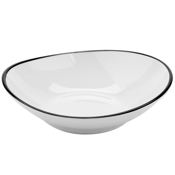 A white GET Settlement melamine shallow coupe bowl with a black rim.