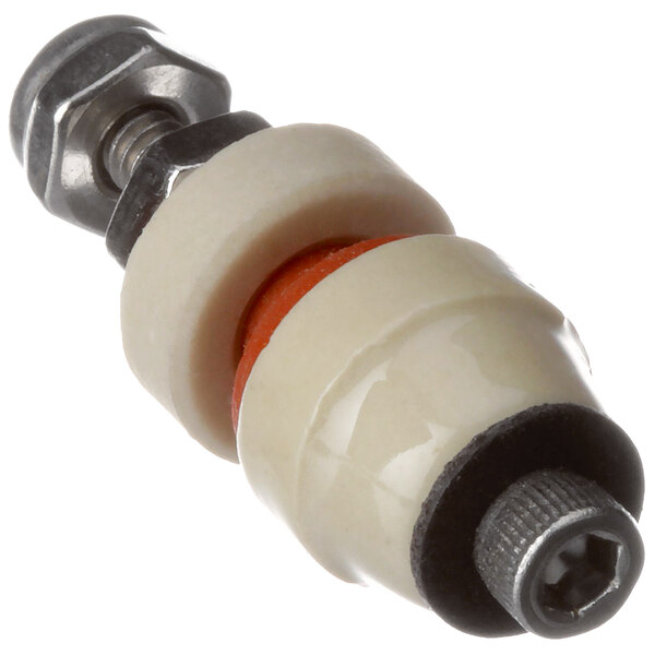 A white and orange plastic screw with a metal nut.