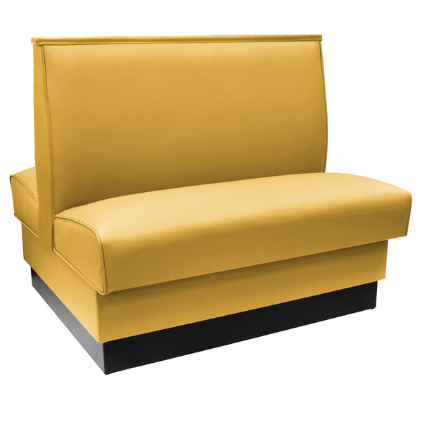 An American Tables & Seating yellow booth with black base and double back upholstery.