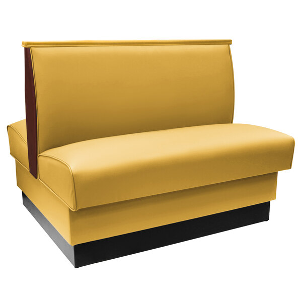 An American Tables & Seating yellow booth with black end caps and black upholstery.