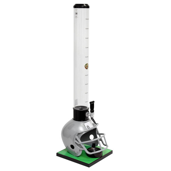 A tall gray Beer Tubes football helmet tower with a measuring device on it.