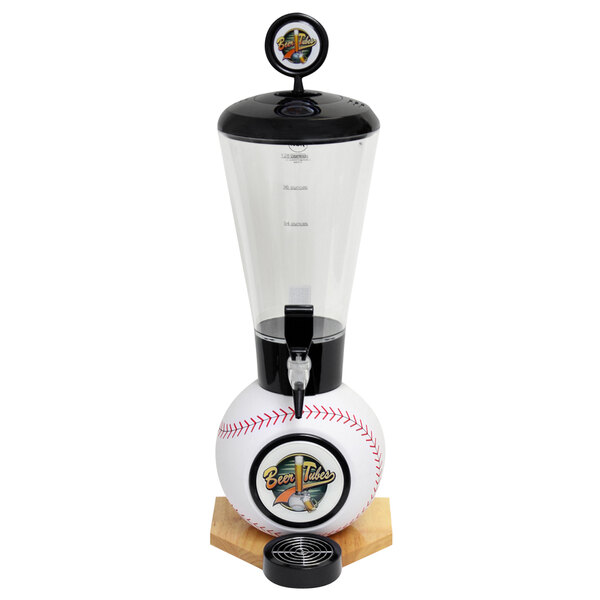 A baseball Beer Tubes Super Tube with a glass container and black base with a baseball logo.