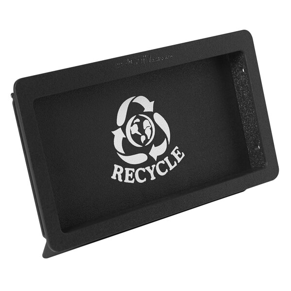 A black rectangular plastic door with a white recycle logo.