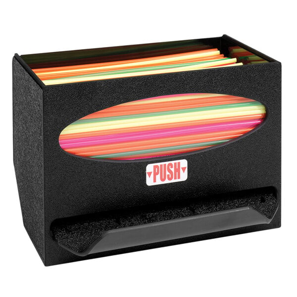 A black Vollrath ModuServ in-counter dispenser with colorful paper strips in it.
