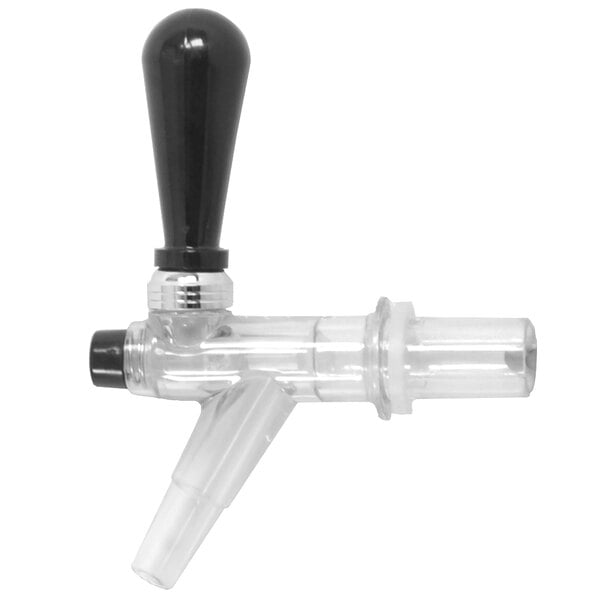 A clear plastic beer tap with a black handle.