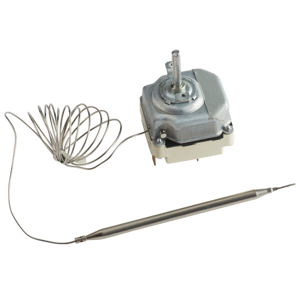 A Cooking Performance Group thermostat with a wire attached.