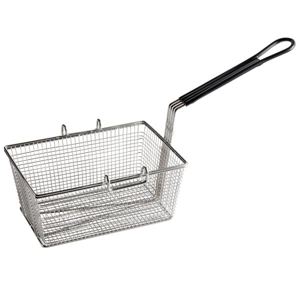 A Cooking Performance Group wire fryer basket with a handle.