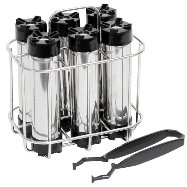A metal rack holding six silver Beer Tubes chill sticks with a black handle.