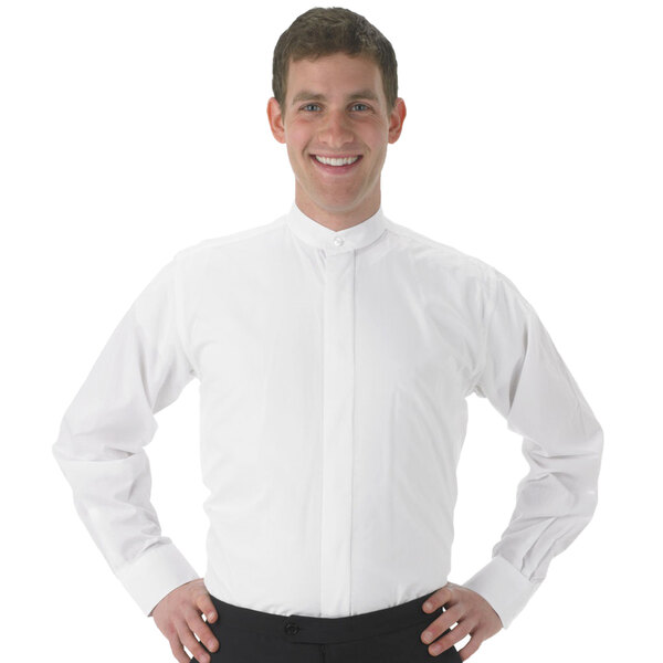 A man wearing a Henry Segal white band collar dress shirt.