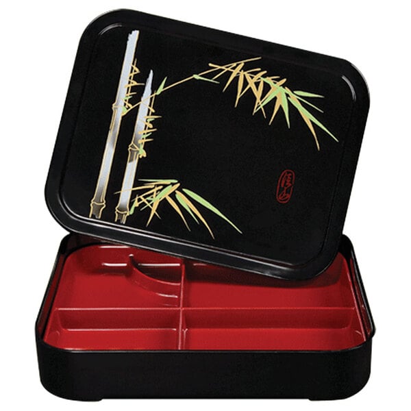A black rectangular Bento box with a red and bamboo leaf design.