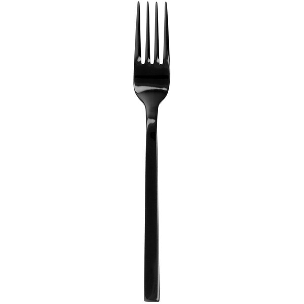 A black stainless steel Walco dinner fork with a white background.
