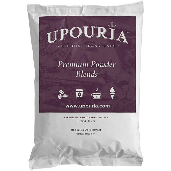 A white bag of UPOURIA Caramel Macchiato Cappuccino Mix with a purple label.