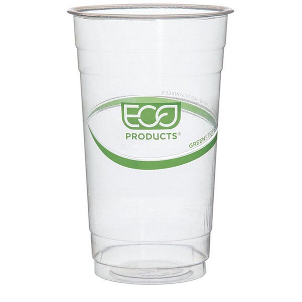 A clear plastic Eco-Products cold cup with a green logo.