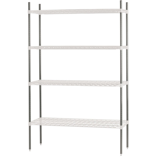 A white metal Advance Tabco shelving unit with four shelves.