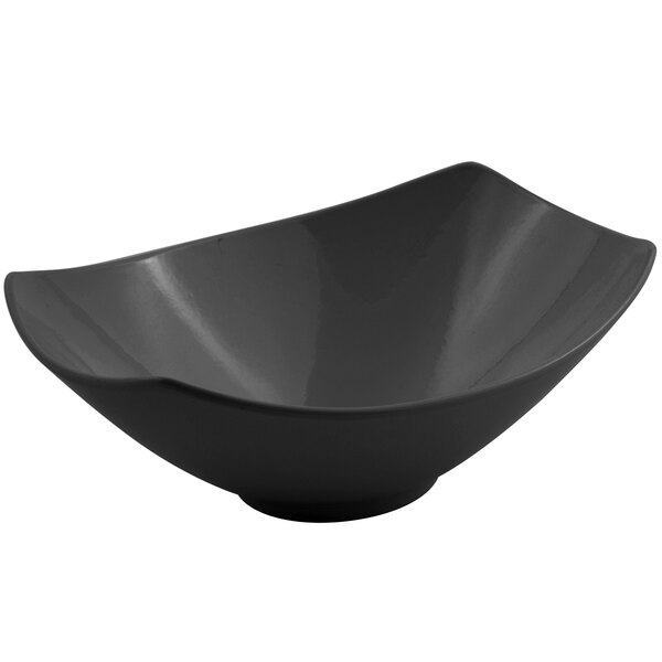A black Bon Chef Gondola bowl with a curved edge.