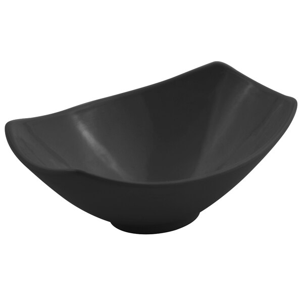 A black Bon Chef Gondola bowl with a curved edge.
