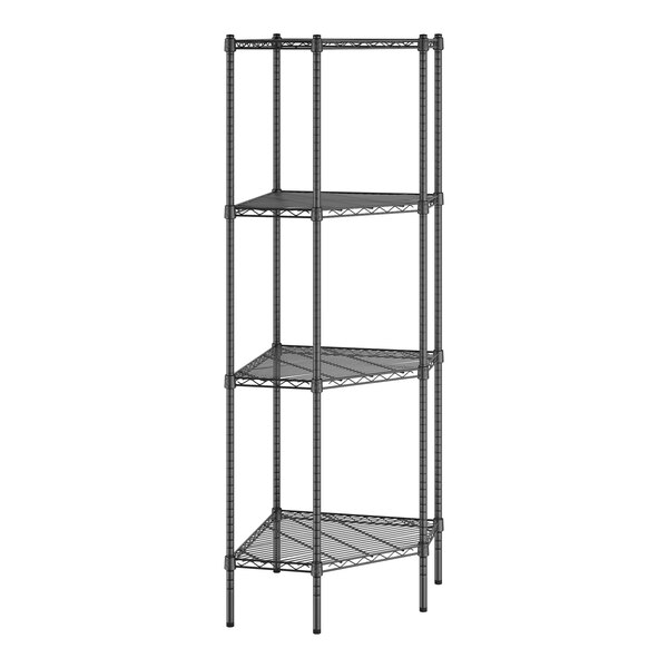 A black Regency wire corner shelf kit with 4 shelves.