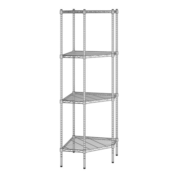 A Regency chrome wire pentagon corner shelving unit with four shelves.