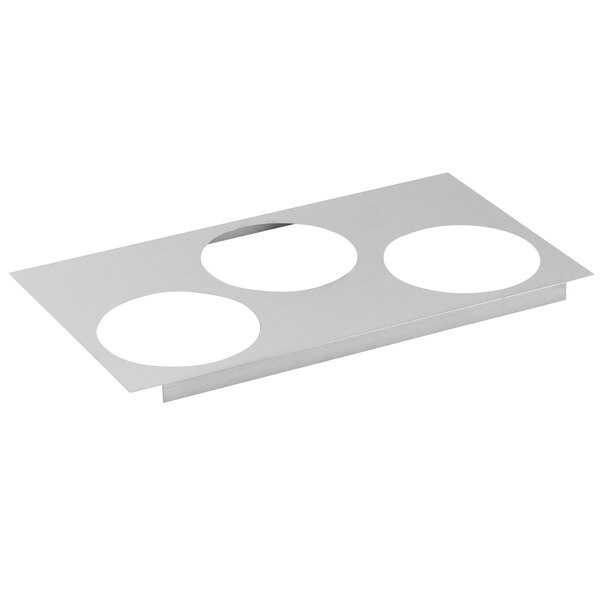 A silver Vollrath adapter plate with three circles.