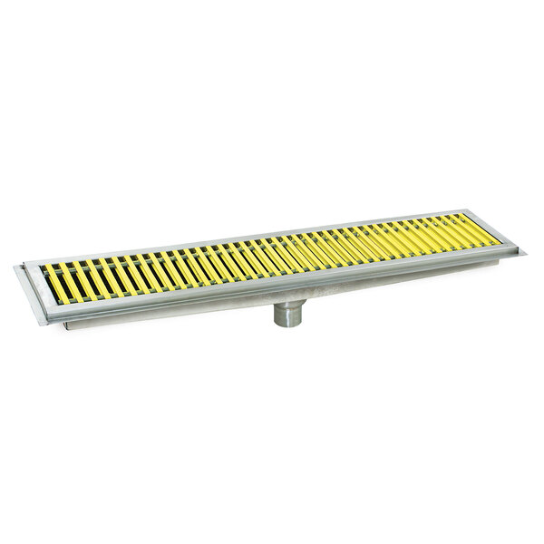 A stainless steel Eagle Group floor trough with yellow fiberglass grating.