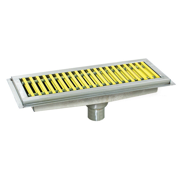 An Eagle Group stainless steel floor trough with yellow fiberglass grating with yellow and white stripes.