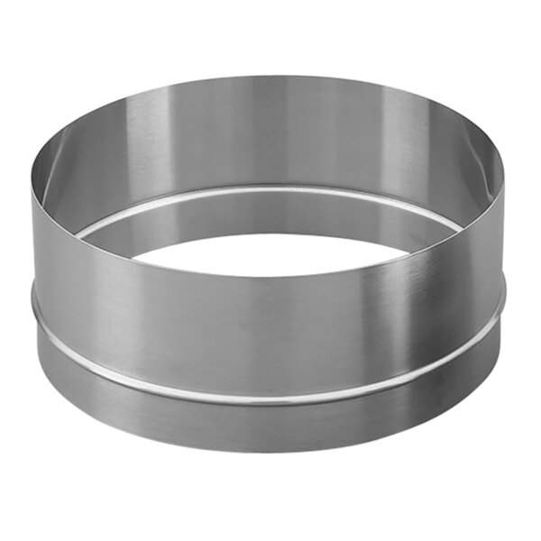 A silver circular stainless steel adapter ring.