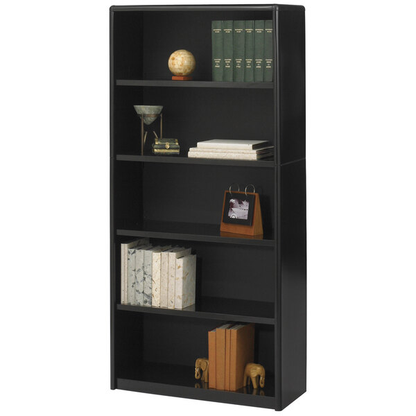 A black Safco bookcase with books and objects on it.