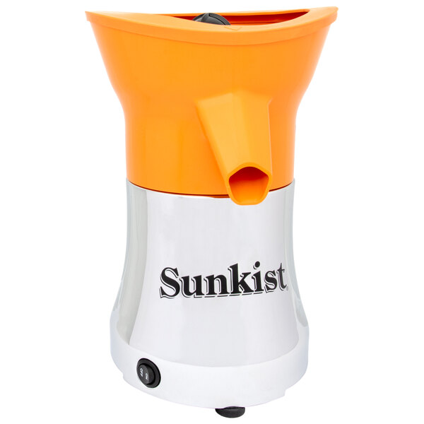 A Sunkist orange and silver citrus juicer with a white plastic container.