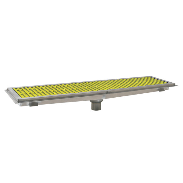 A metal surface with yellow and green stripes, with the Eagle Group FT-2484-FG floor trough.