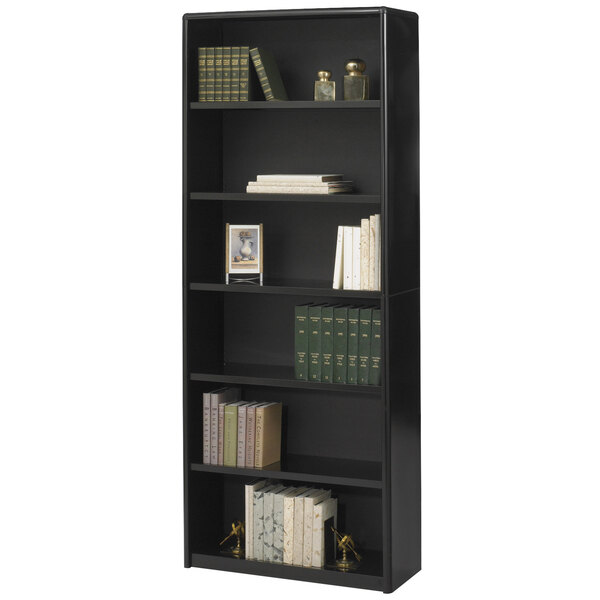 A black Safco ValueMate bookcase with books and objects on it.