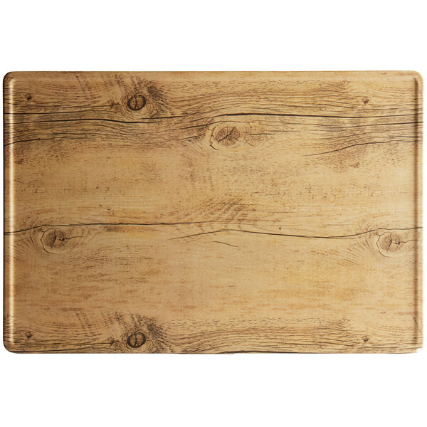 A GET Melamine faux oak wood display board with a wood surface.
