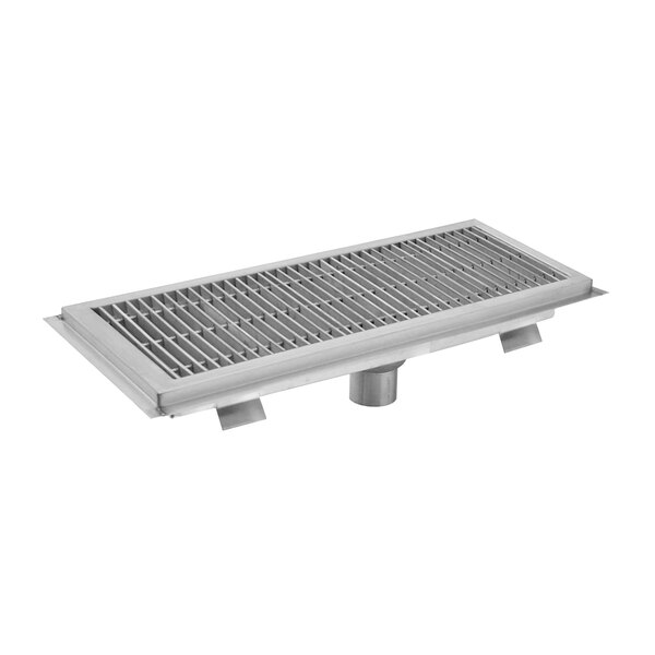 A close-up of a stainless steel drain grate for an Eagle Group floor trough.