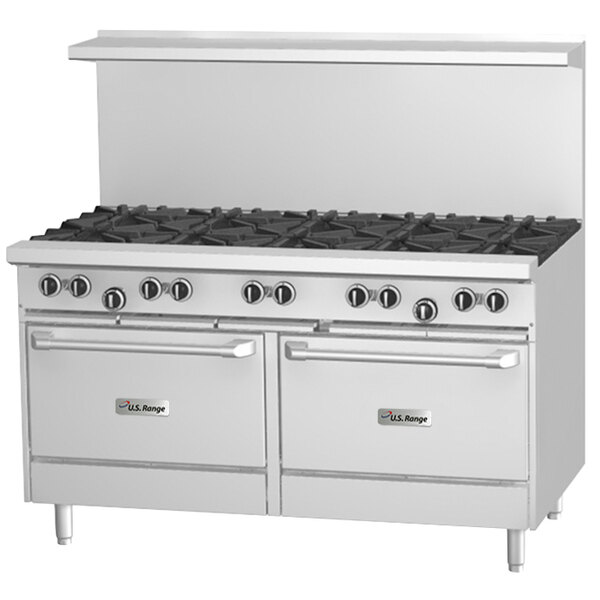 A white U.S. Range commercial gas range with black knobs and a manual griddle top over two ovens.