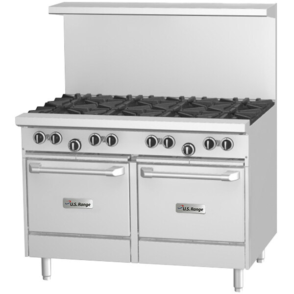 A stainless steel U.S. Range commercial gas range with black knobs.