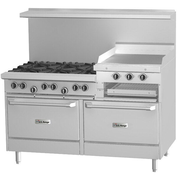 A white U.S. Range commercial gas range with black knobs and two ovens.