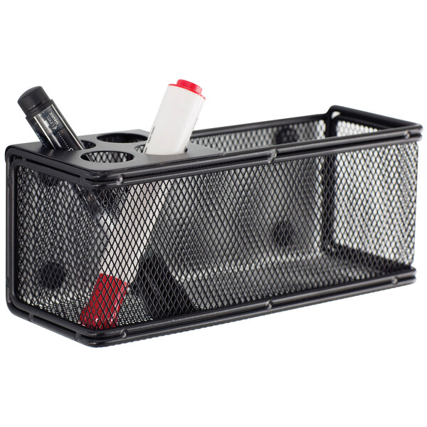 A black mesh container with pens and markers.