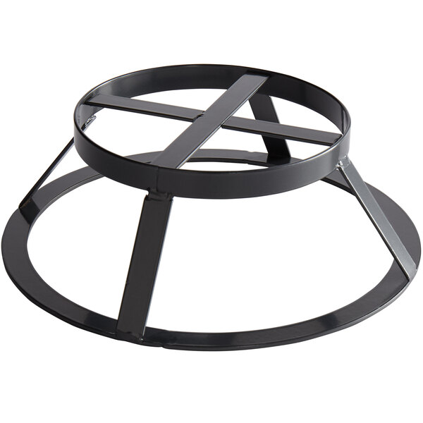 A round metal gray display stand with a cross-shaped metal bars on a circular base.