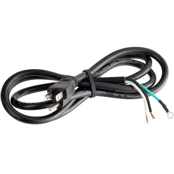 A black electrical cord with two wires, one white and one blue.