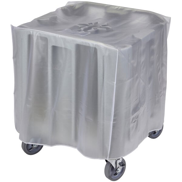 A white vinyl cover for a Cambro compact dish caddy on wheels.