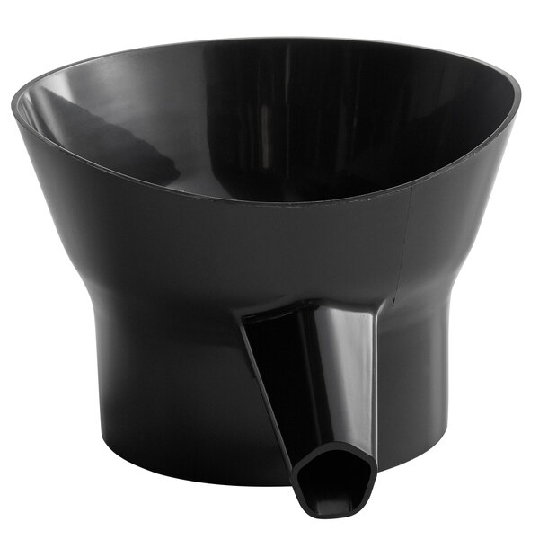 A black plastic funnel with a hole and a handle.