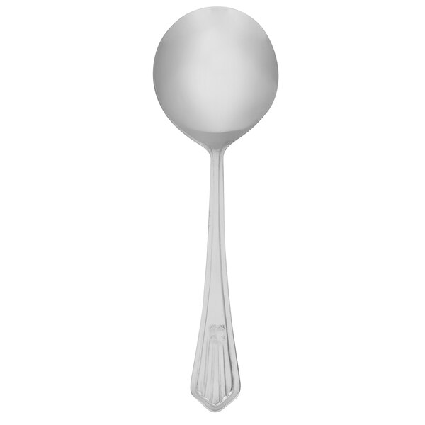 A silver Walco bouillon spoon with a striped handle.