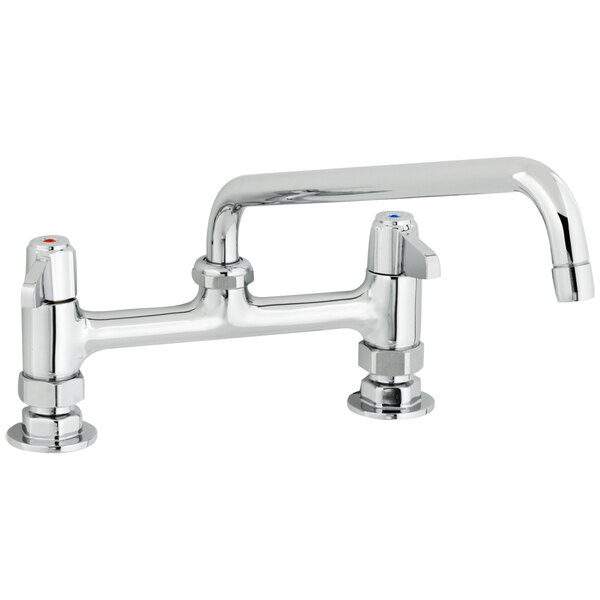 A chrome Equip by T&S deck-mounted faucet with lever handles and an 8 1/8 inch swing spout.