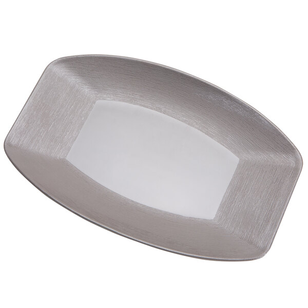 A gray rectangular Delfin melamine tray with a white center and silver rim.