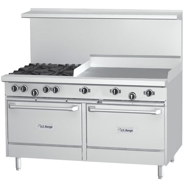 A large stainless steel U.S. Range with 2 burners, a griddle, and a cabinet base.
